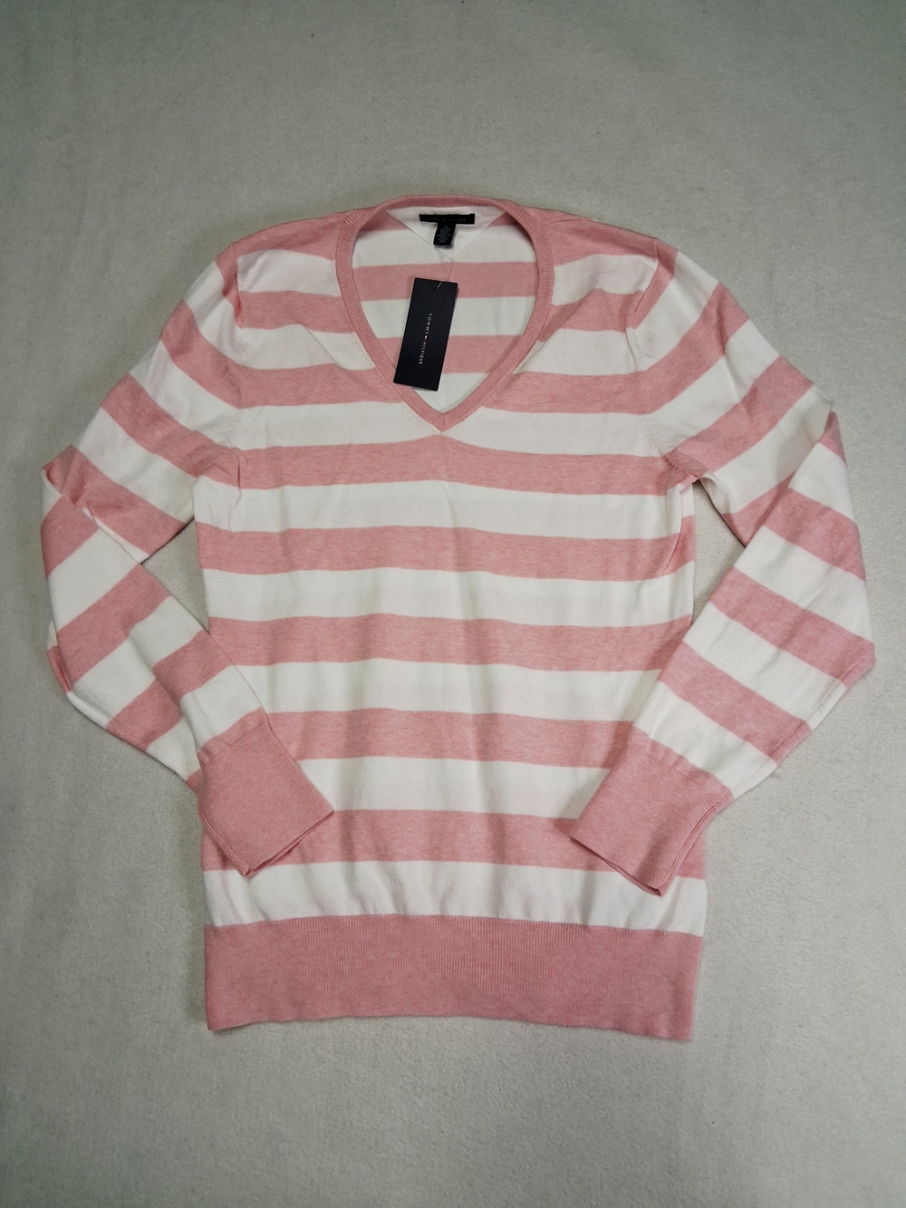 Tommy Hilfiger Pink and White Striped V-Neck Sweater